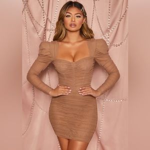 Oh Polly Taste Of Heaven Ruched Mesh Puff Sleeve Mini Dress in Tan Size 2